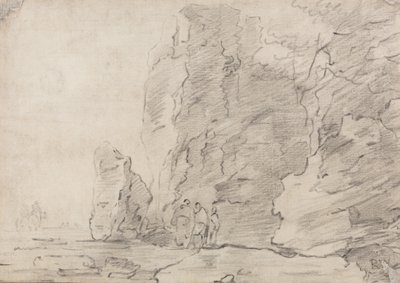 Three Figures Standing by Rocky Cliffs, Two Horsemen in Distance Left by Richard Wilson